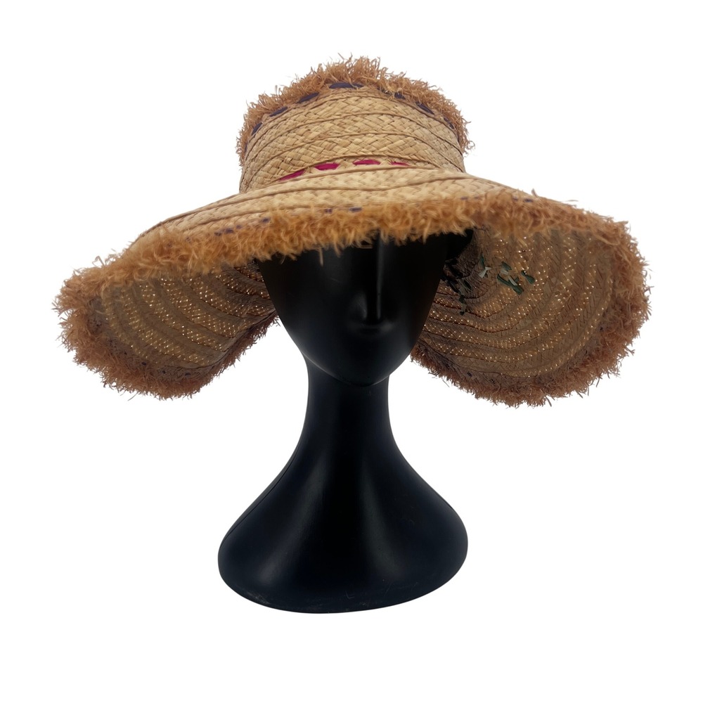 Old County Road Wide Brim Straw Hat Open Crown Embroidered Flowers Adj OS Boho